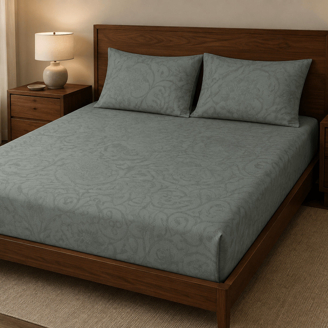 Aarniva 100% Cotton Floral Bedsheet Set | King | Soft & Breathable | Sage Floral Scroll | 4-Piece Set