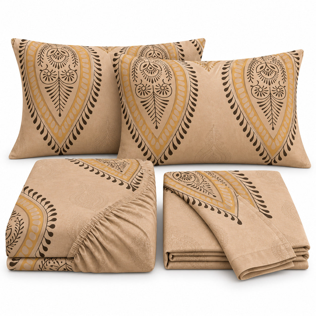 Aarniva 100% Cotton Paisley Bedsheet Set | King | Soft & Breathable | Sand Gold Paisley | 4-Piece Set