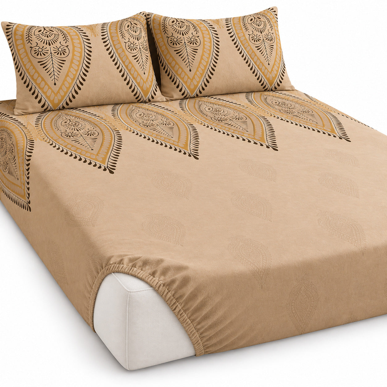 Aarniva 100% Cotton Paisley Bedsheet Set | King | Soft & Breathable | Sand Gold Paisley | 4-Piece Set