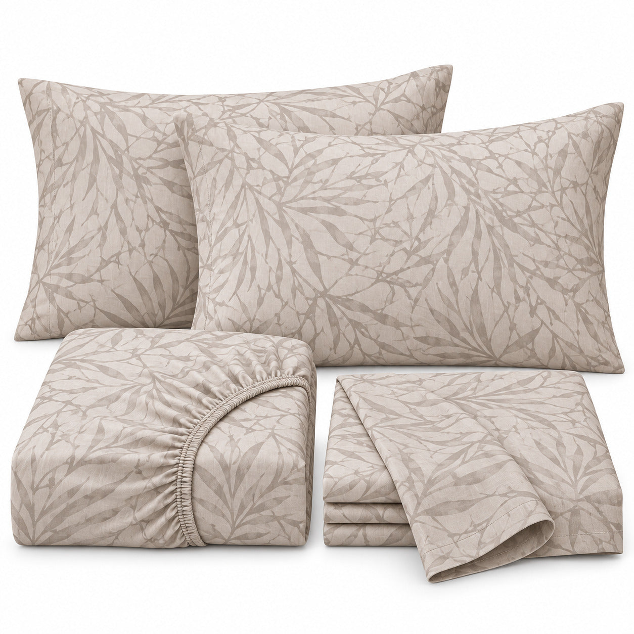 Aarniva 100% Cotton Botanical Bedsheet Set | King | Soft & Breathable | Soft Taupe Foliage | 4-Piece Set