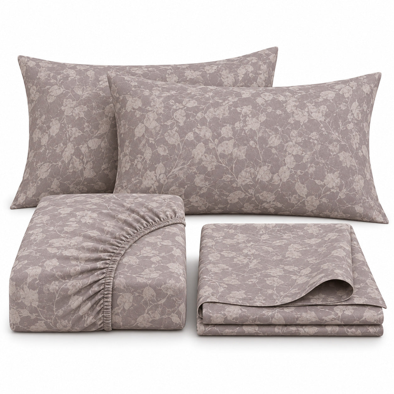 Aarniva 100% Cotton Botanical Bedsheet Set | King | Soft & Breathable | Dusty Mauve Foliage | 4-Piece Set