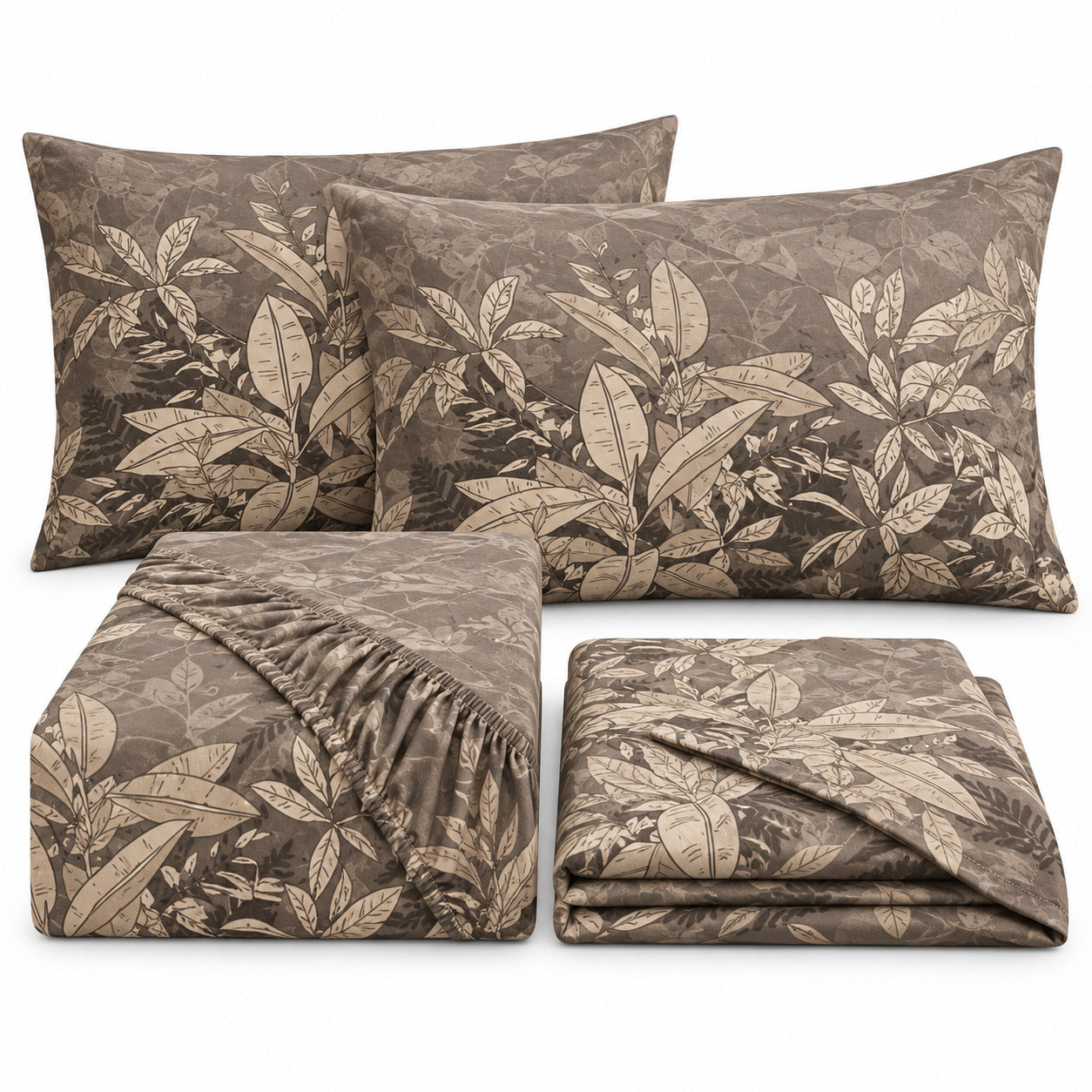 Aarniva 100% Cotton Botanical Bedsheet Set | King | Soft & Breathable | Mocha Botanical Border | 4-Piece Set