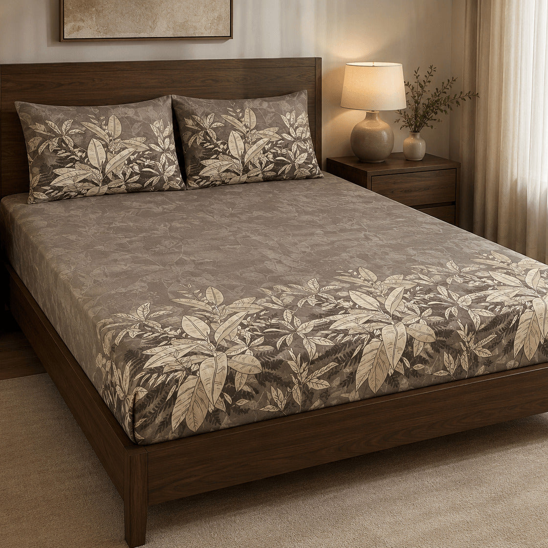 Aarniva 100% Cotton Botanical Bedsheet Set | King | Soft & Breathable | Mocha Botanical Border | 4-Piece Set
