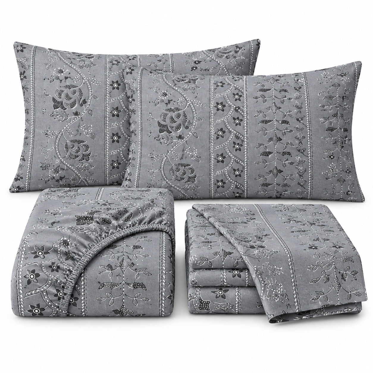 Aarniva 100% Cotton Floral Bedsheet Set | King | Soft & Breathable | Silver Floral Vine | 4-Piece Set