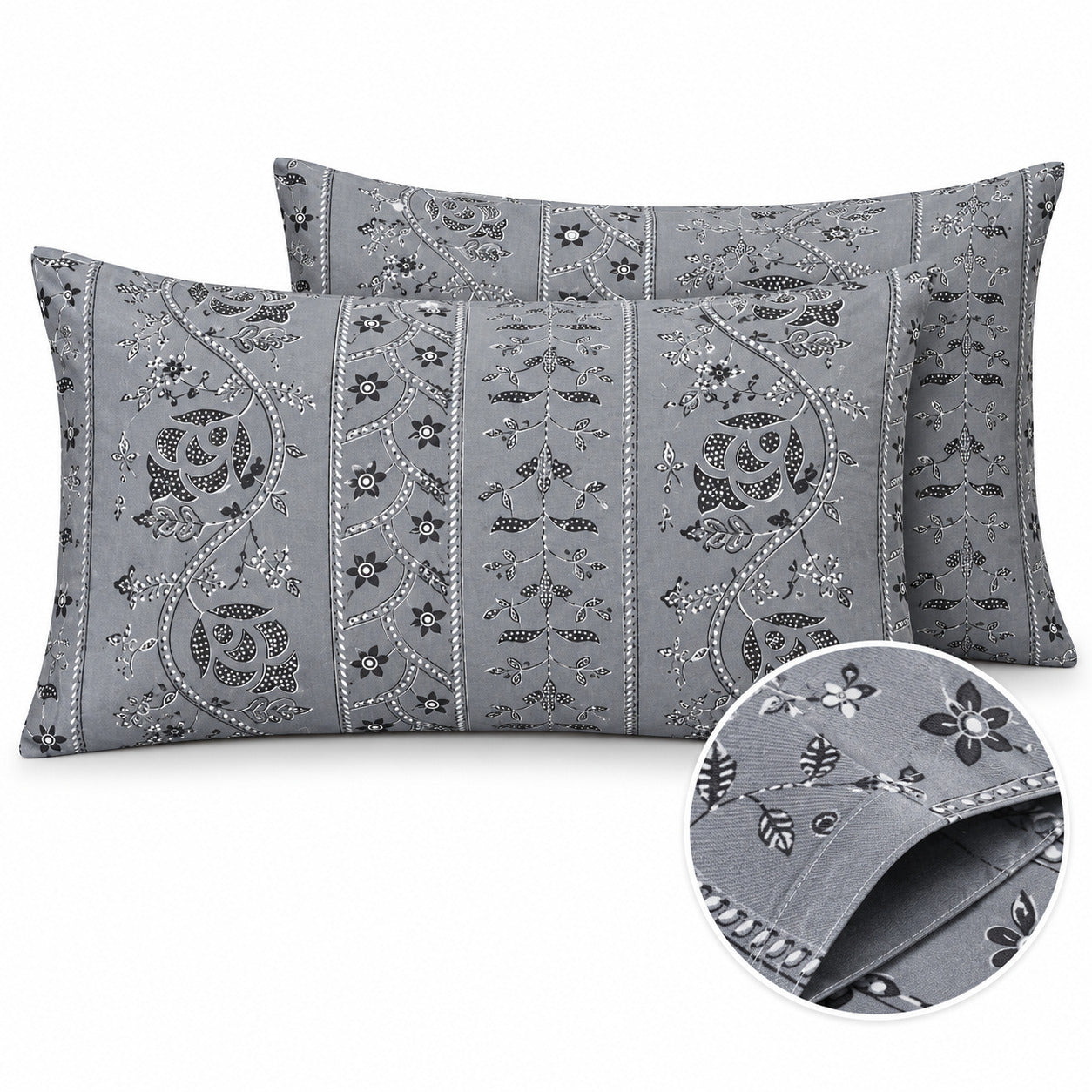 Aarniva 100% Cotton Floral Bedsheet Set | King | Soft & Breathable | Silver Floral Vine | 4-Piece Set