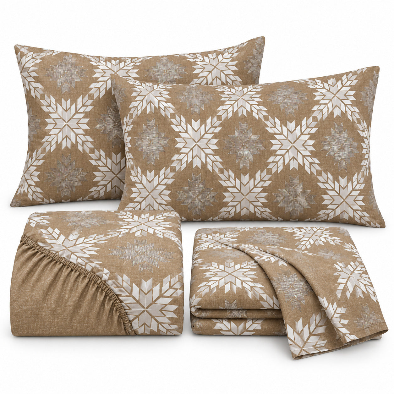 Aarniva 100% Cotton Geometric Bedsheet Set | King | Soft & Breathable | Sandstone Nordic Star | 4-Piece Set
