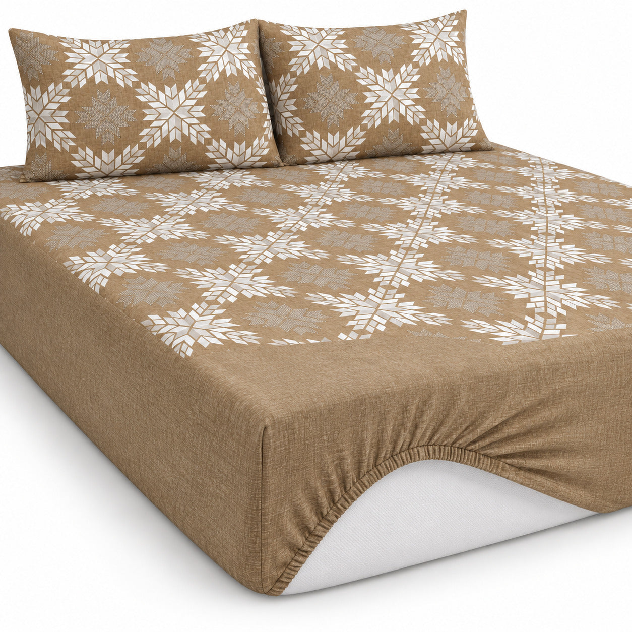 Aarniva 100% Cotton Geometric Bedsheet Set | King | Soft & Breathable | Sandstone Nordic Star | 4-Piece Set
