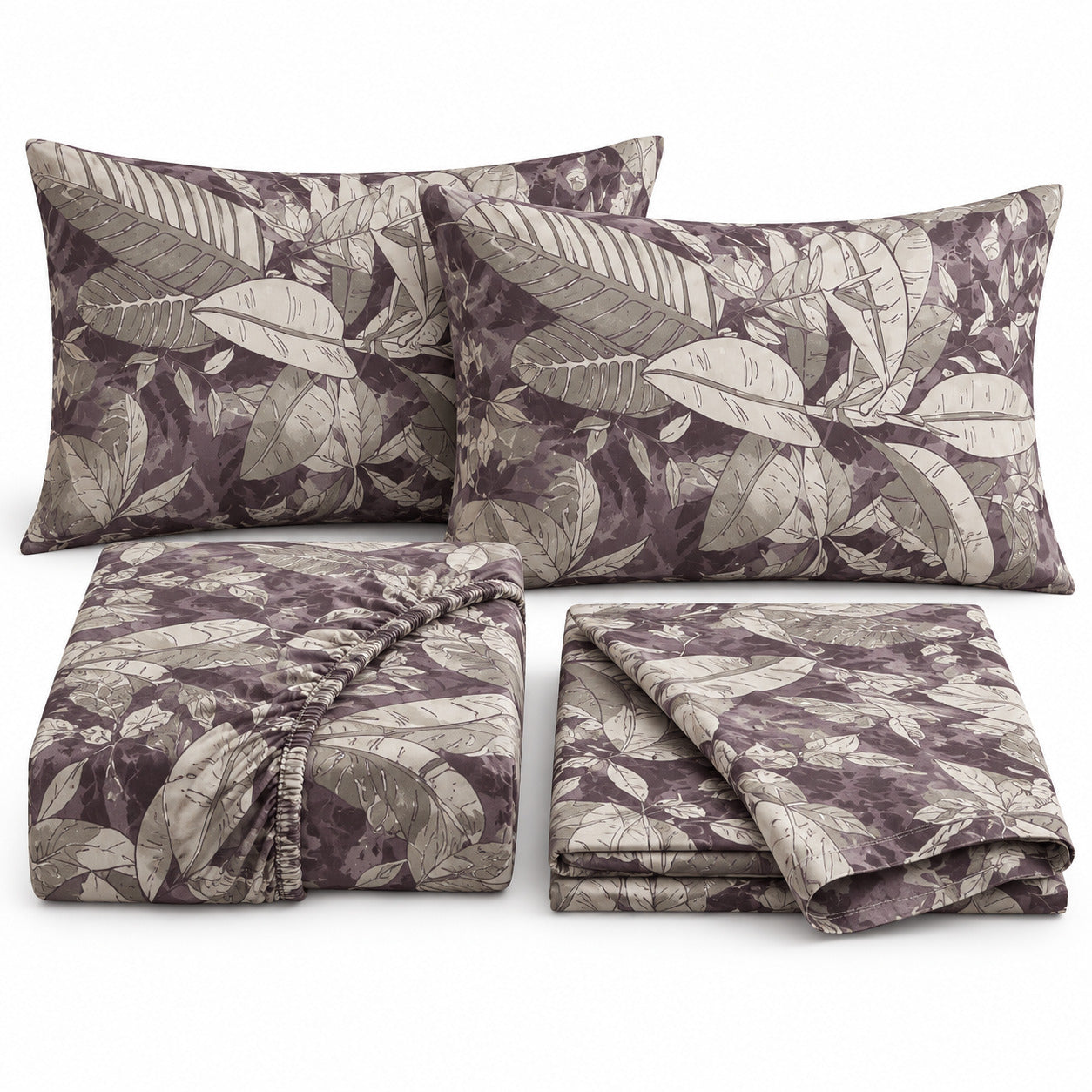 Aarniva 100% Cotton Botanical Bedsheet Set | King | Soft & Breathable | Dusty Plum Foliage | 4-Piece Set