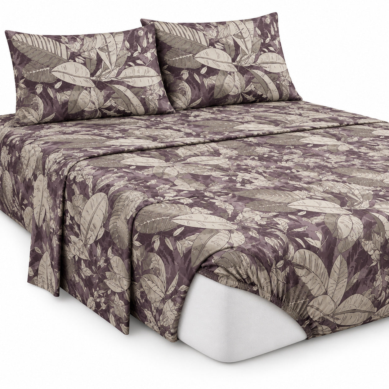 Aarniva 100% Cotton Botanical Bedsheet Set | King | Soft & Breathable | Dusty Plum Foliage | 4-Piece Set