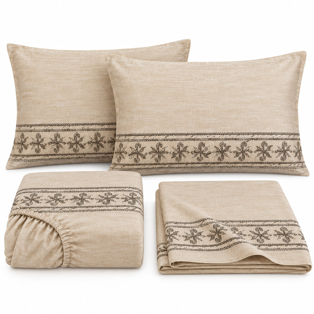 Aarniva 100% Cotton Bedsheet Set | King | Soft & Breathable | Ivory Tribal Border | 4-Piece Set