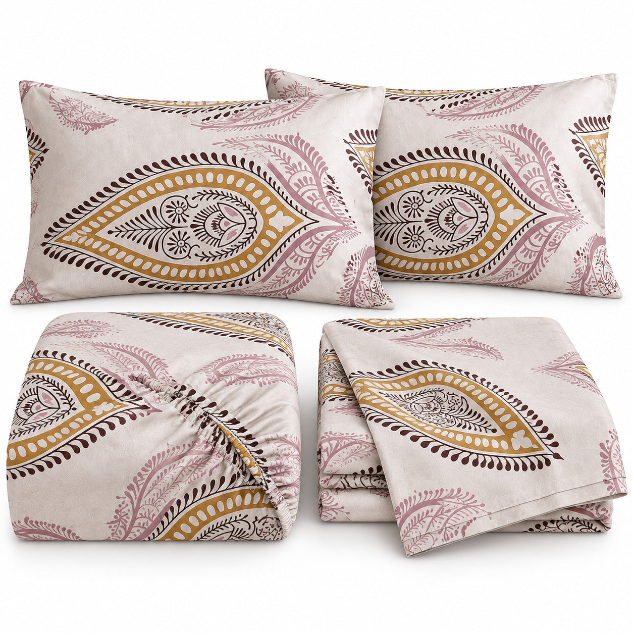 Aarniva 100% Cotton Paisley Bedsheet Set | King | Soft & Breathable | Ivory Rose Paisley | 6-Piece Set