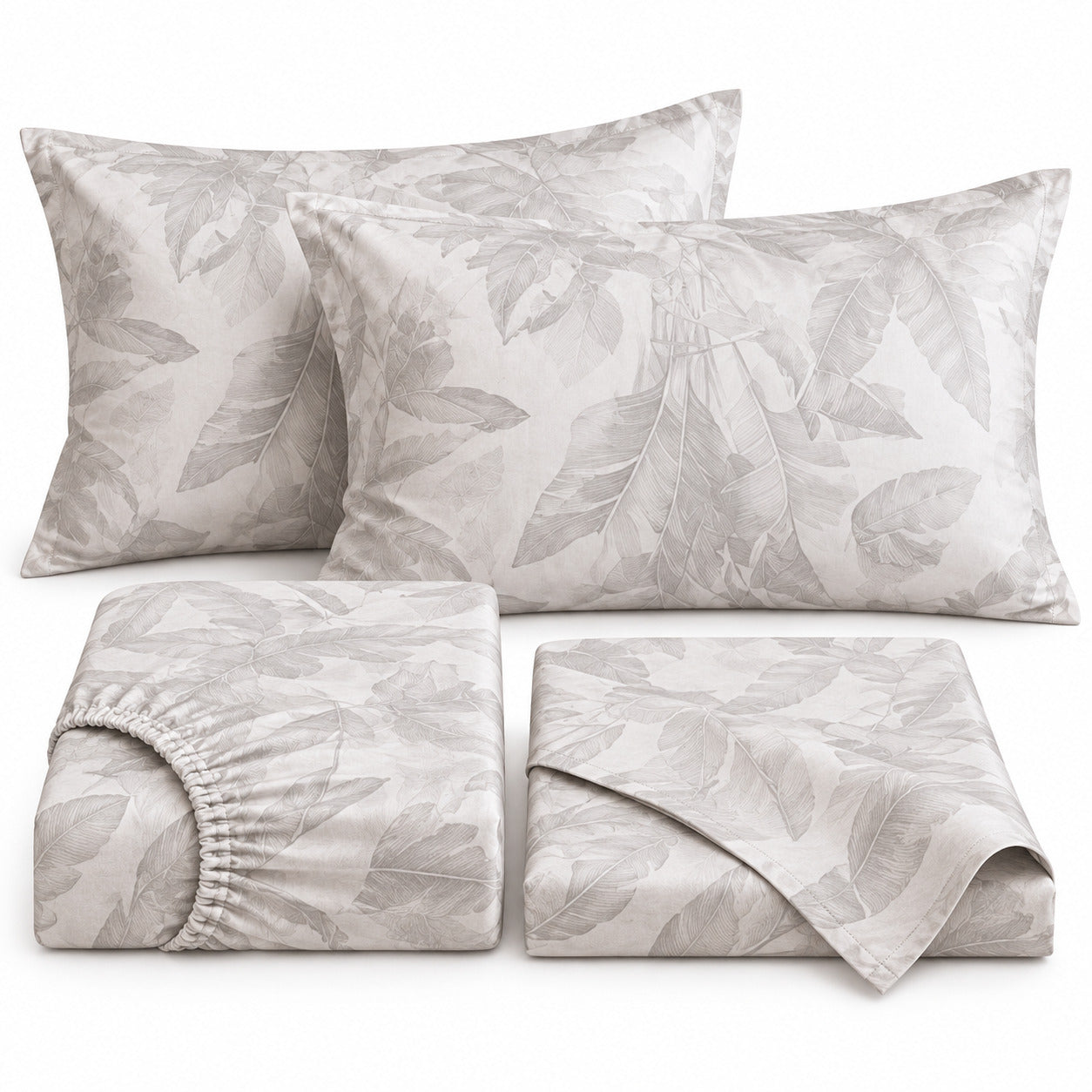 Aarniva 100% Cotton Botanical Bedsheet Set | King | Soft & Breathable | Misty Leaf Ivory | 4-Piece Set
