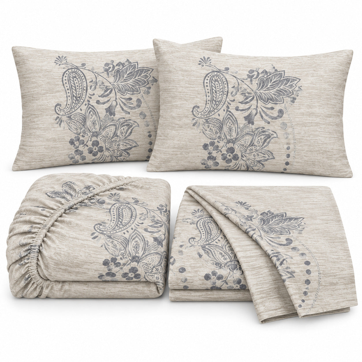 Aarniva 100% Cotton Floral Bedsheet Set | King | Soft & Breathable | Ivory Slate Floral Scroll | 4-Piece Set