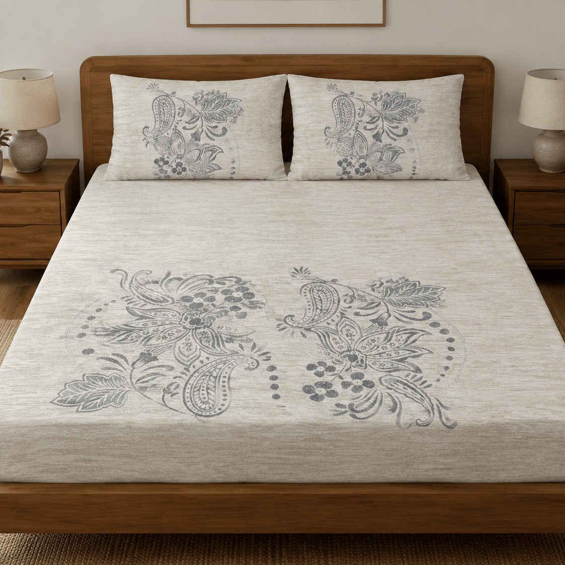 Aarniva 100% Cotton Floral Bedsheet Set | King | Soft & Breathable | Ivory Slate Floral Scroll | 4-Piece Set