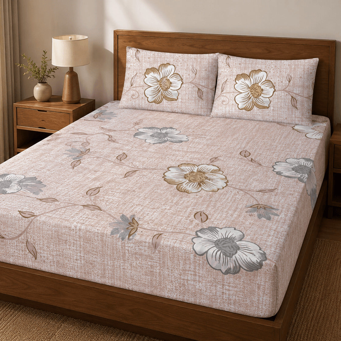 Aarniva 100% Cotton Floral Bedsheet Set | King | Soft & Breathable | Blush Meadow Floral | 4-Piece Set