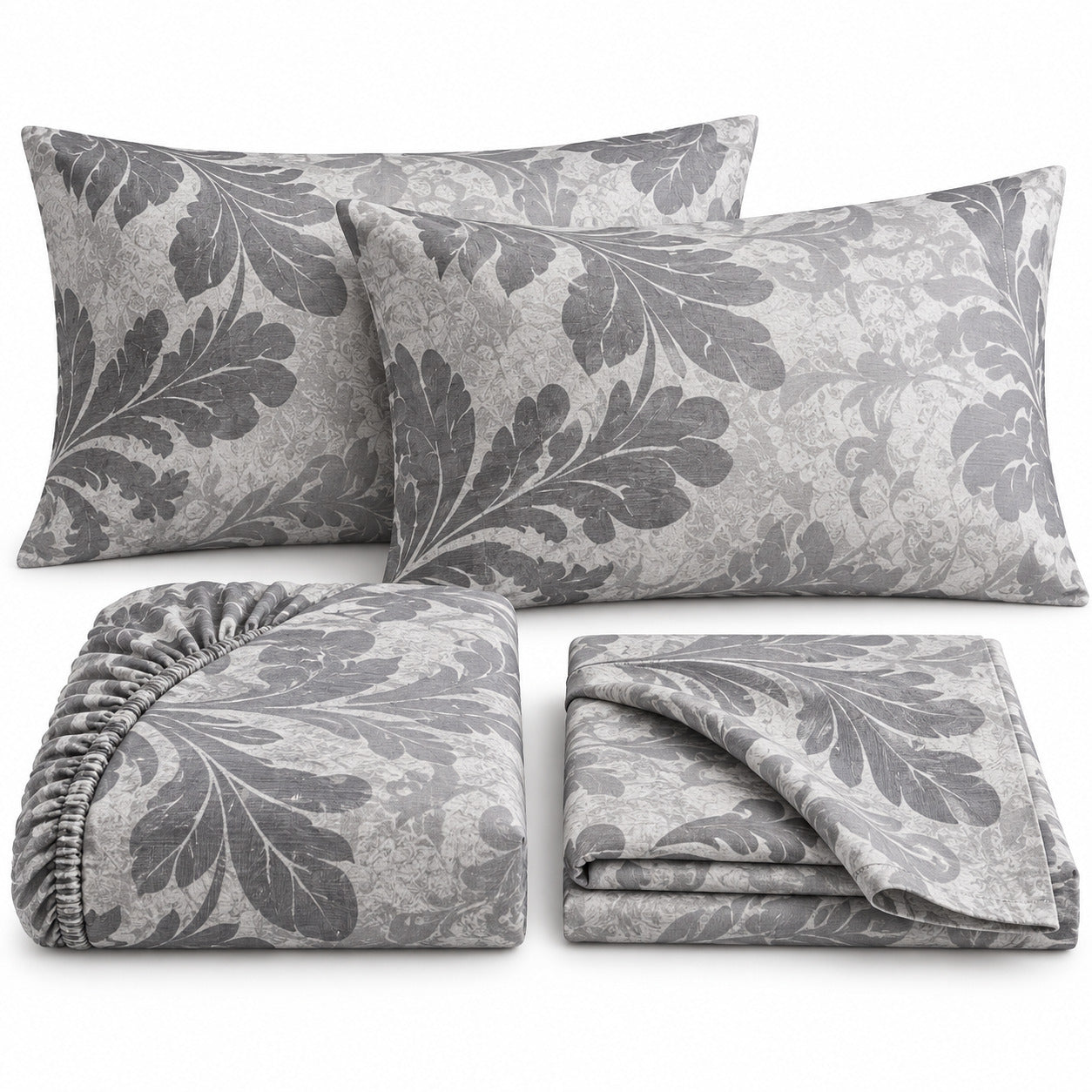 Aarniva 100% Cotton Botanical Bedsheet Set | King | Soft & Breathable | Silver Botanical Scroll | 4-Piece Set
