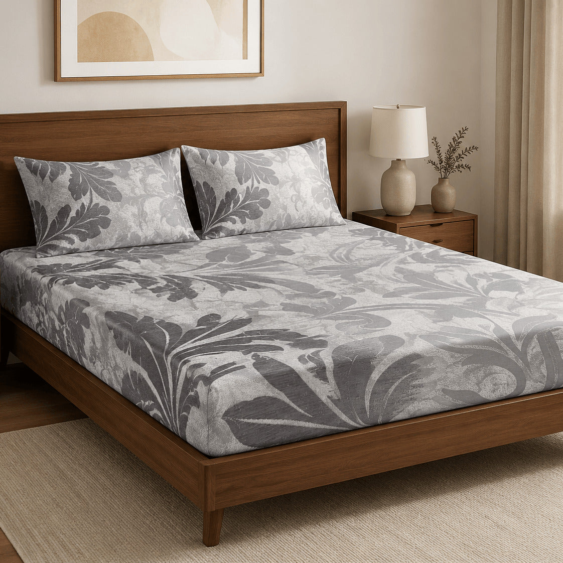 Aarniva 100% Cotton Botanical Bedsheet Set | King | Soft & Breathable | Silver Botanical Scroll | 4-Piece Set