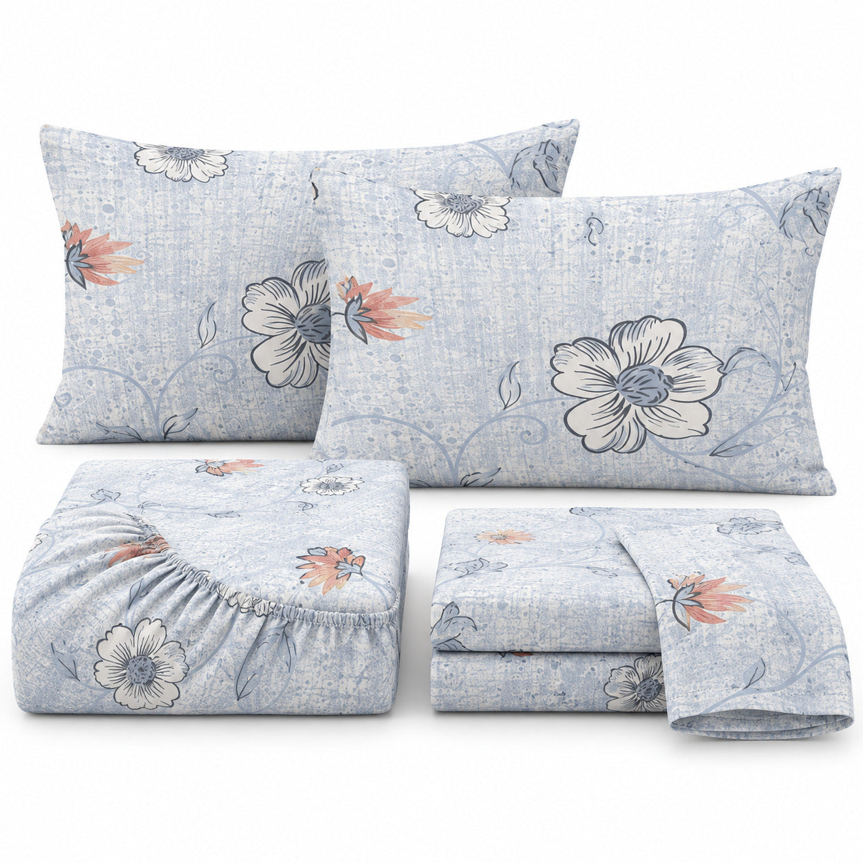 Aarniva 100% Cotton Floral Bedsheet Set | King | Soft & Breathable | Powder Blue Blossom Vine | 4-Piece Set