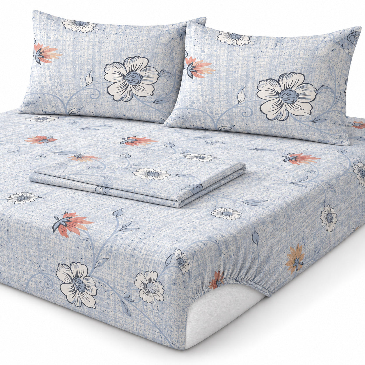 Aarniva 100% Cotton Floral Bedsheet Set | King | Soft & Breathable | Powder Blue Blossom Vine | 4-Piece Set