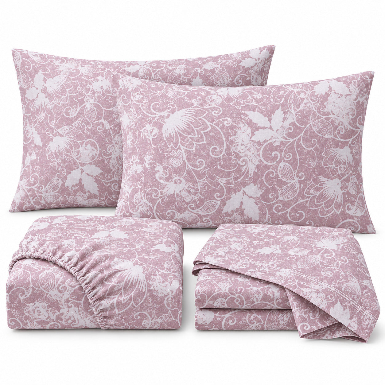 Aarniva 100% Cotton Floral Bedsheet Set | King | Soft & Breathable | Dusty Rose Floral Vine | 4-Piece Set