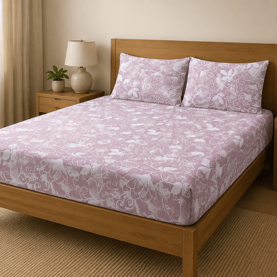 Aarniva 100% Cotton Floral Bedsheet Set | King | Soft & Breathable | Dusty Rose Floral Vine | 4-Piece Set
