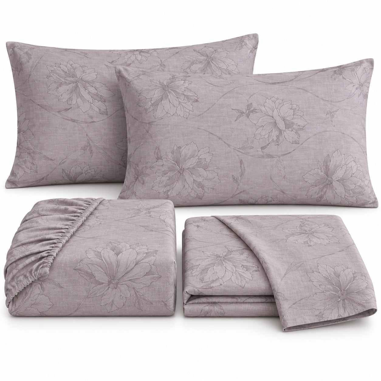 Aarniva 100% Cotton Floral Bedsheet Set | King | Soft & Breathable | Dusty Lavender Floral Vine | 4-Piece Set