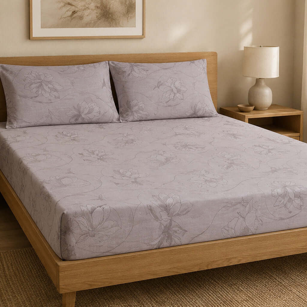 Aarniva 100% Cotton Floral Bedsheet Set | King | Soft & Breathable | Dusty Lavender Floral Vine | 4-Piece Set
