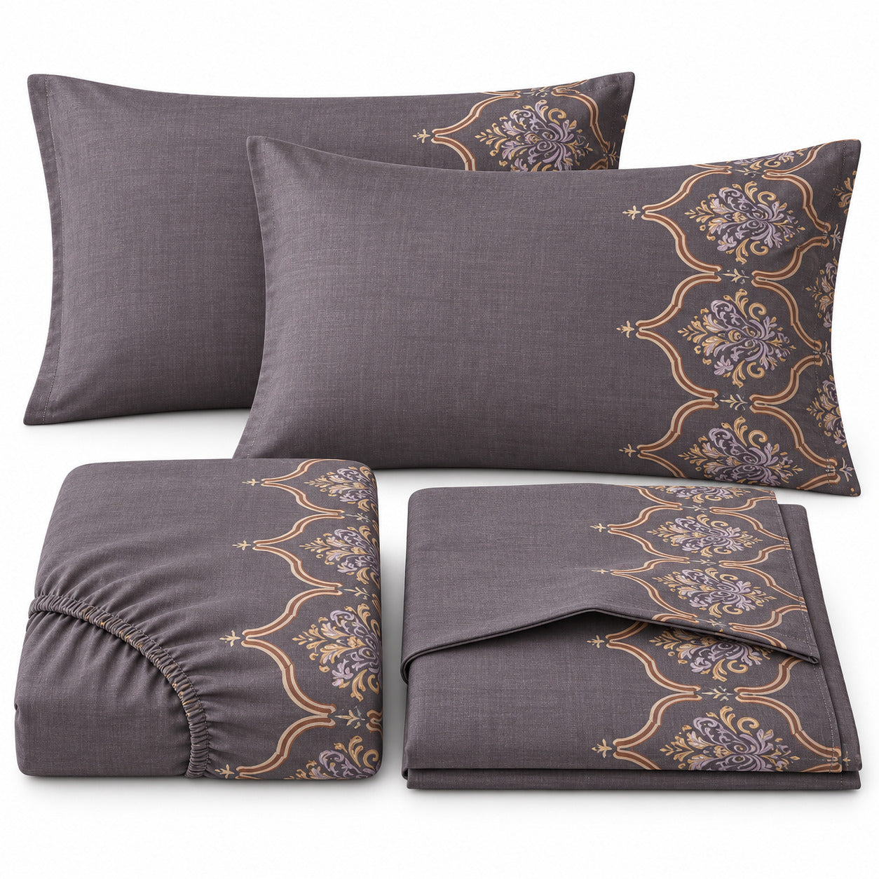 Aarniva 100% Cotton Ornamental Bedsheet Set | King | Soft & Breathable | Dusty Plum Ornamental Border | 4-Piece Set