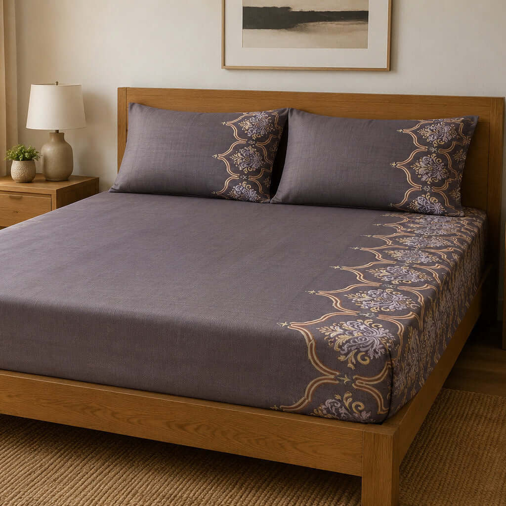 Aarniva 100% Cotton Ornamental Bedsheet Set | King | Soft & Breathable | Dusty Plum Ornamental Border | 4-Piece Set