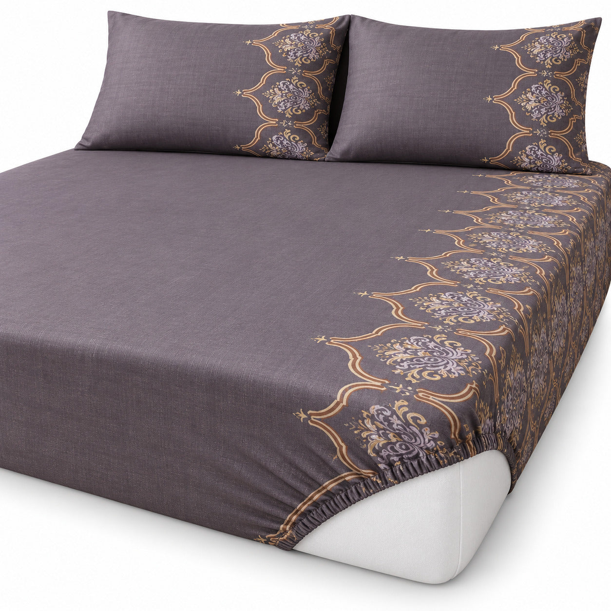 Aarniva 100% Cotton Ornamental Bedsheet Set | King | Soft & Breathable | Dusty Plum Ornamental Border | 4-Piece Set