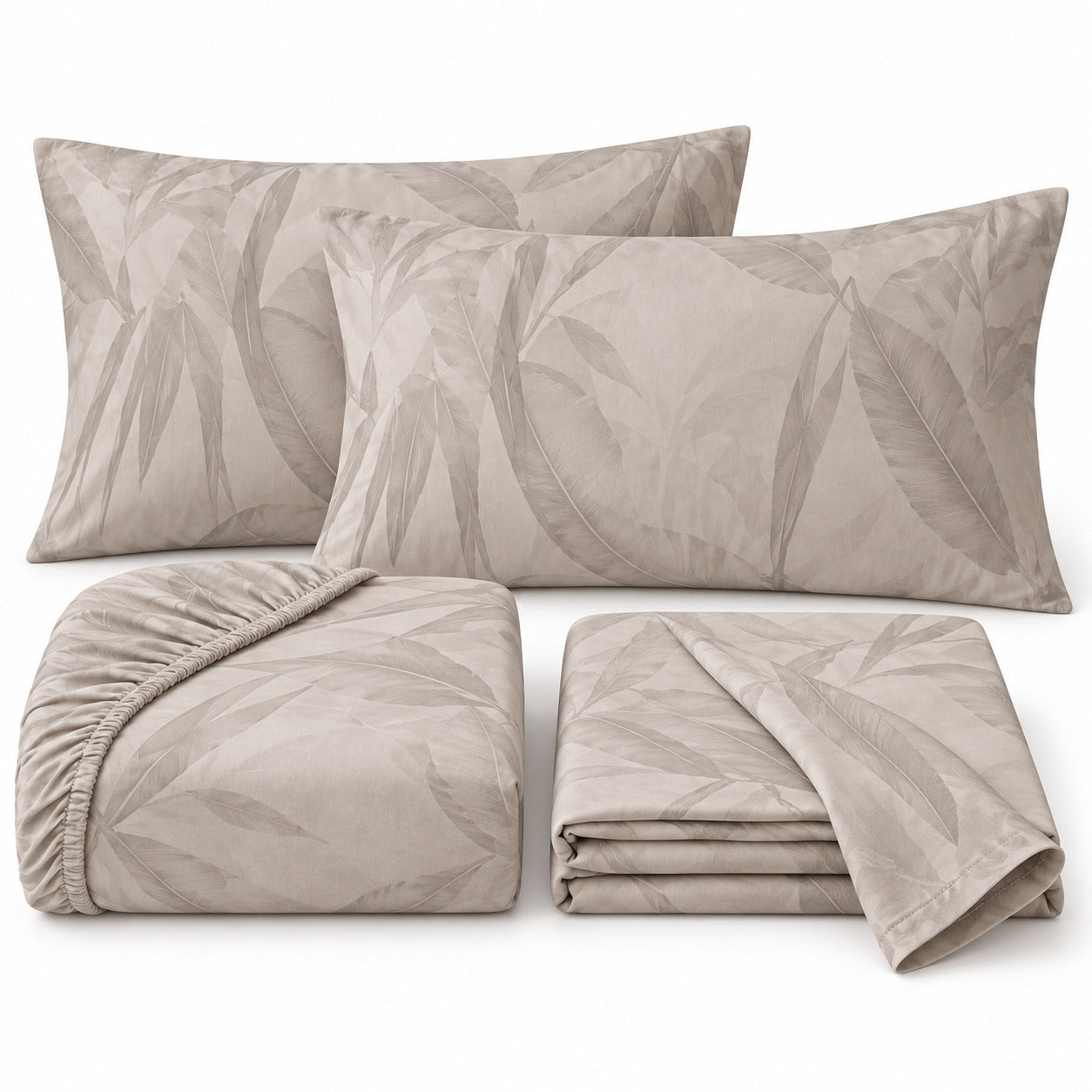 Aarniva 100% Cotton Botanical Bedsheet Set | King | Soft & Breathable | Ivory Taupe Botanical Leaf | 4-Piece Set