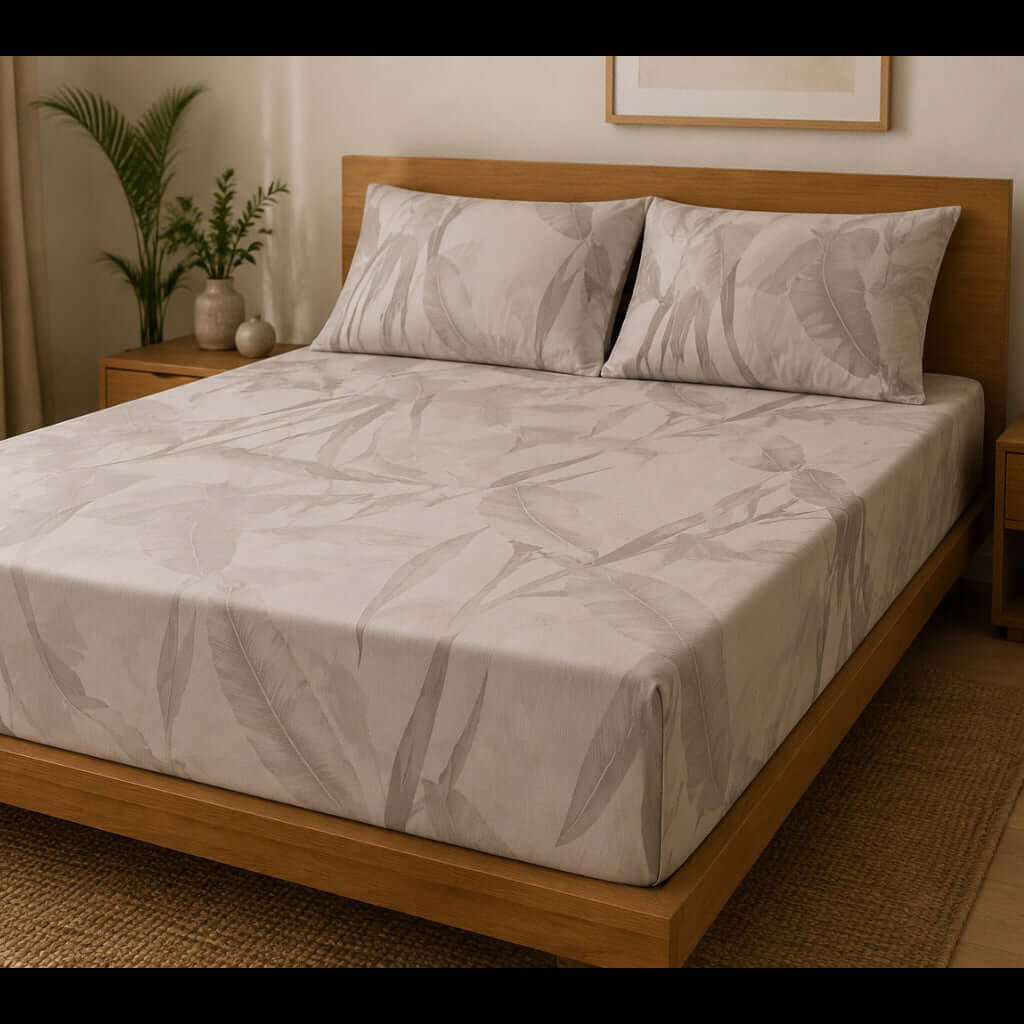 Aarniva 100% Cotton Botanical Bedsheet Set | King | Soft & Breathable | Ivory Taupe Botanical Leaf | 4-Piece Set