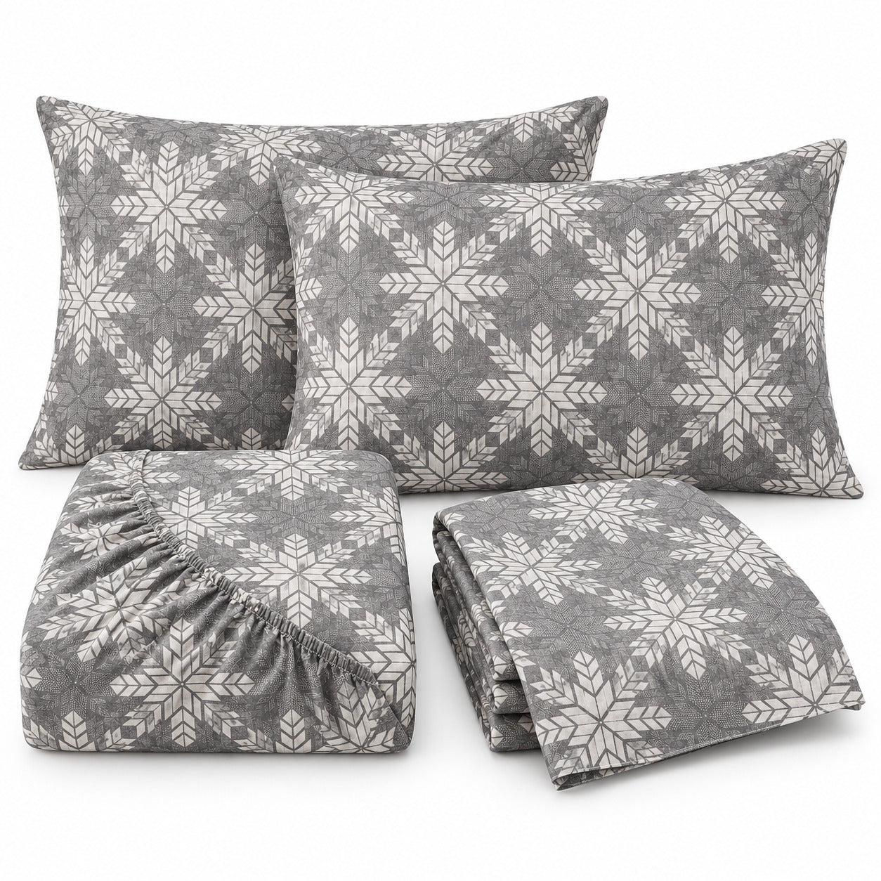 Aarniva 100% Cotton Geometric Bedsheet Set | King | Soft & Breathable | Charcoal Nordic Snowflake | 4-Piece Set