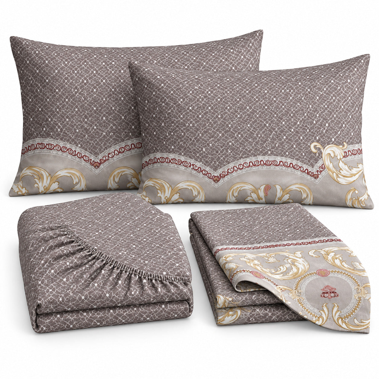 Aarniva 100% Cotton Ornamental Bedsheet Set | King | Soft & Breathable | Taupe Gold Baroque Border | 4-Piece Set