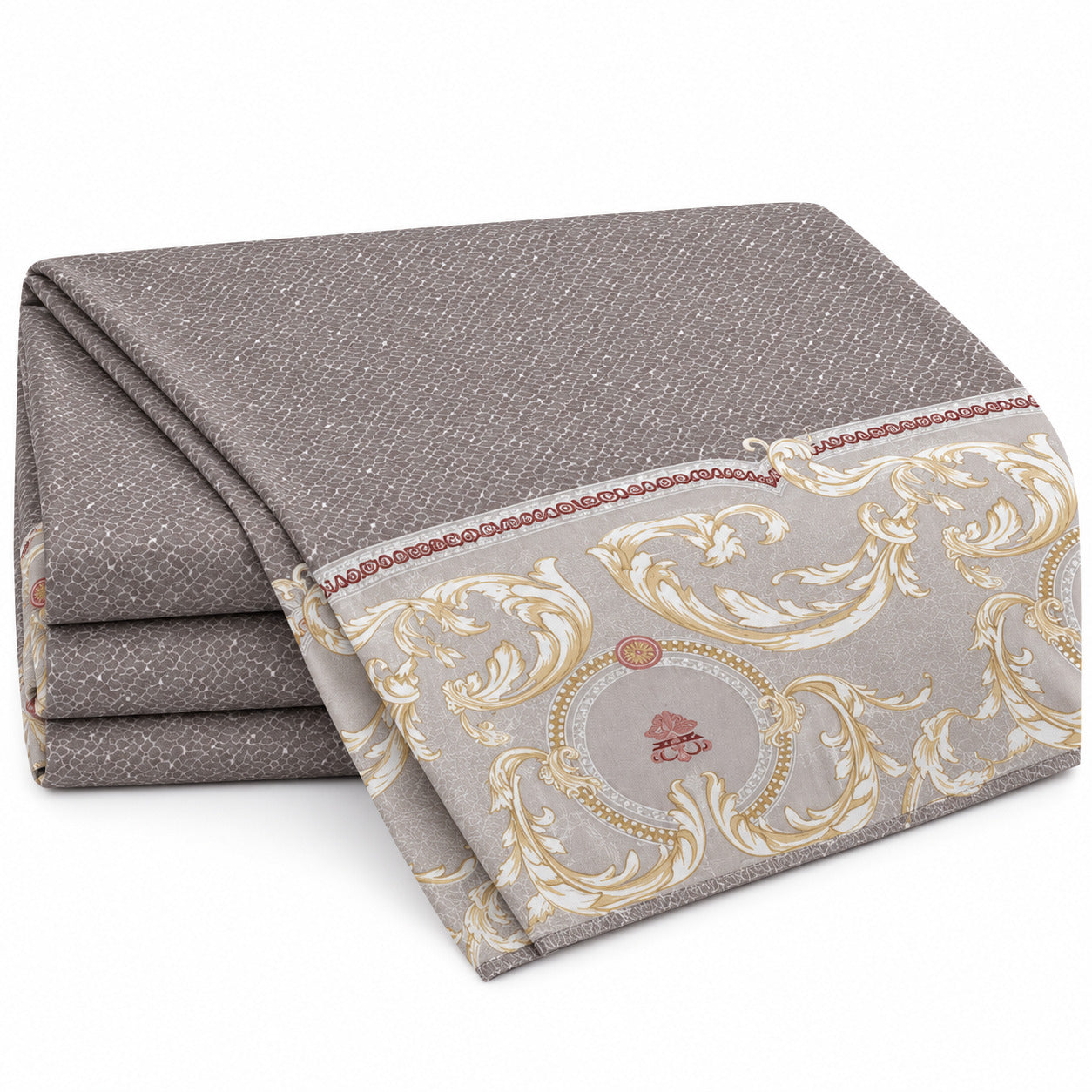 Aarniva 100% Cotton Ornamental Bedsheet Set | King | Soft & Breathable | Taupe Gold Baroque Border | 4-Piece Set