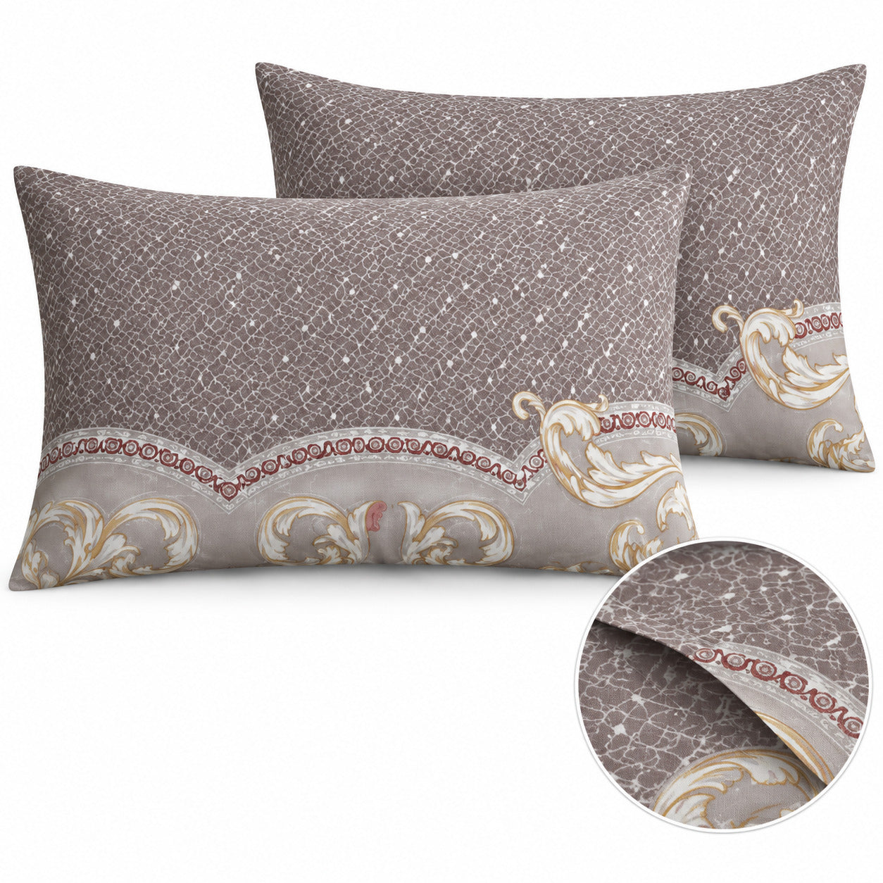 Aarniva 100% Cotton Ornamental Bedsheet Set | King | Soft & Breathable | Taupe Gold Baroque Border | 4-Piece Set