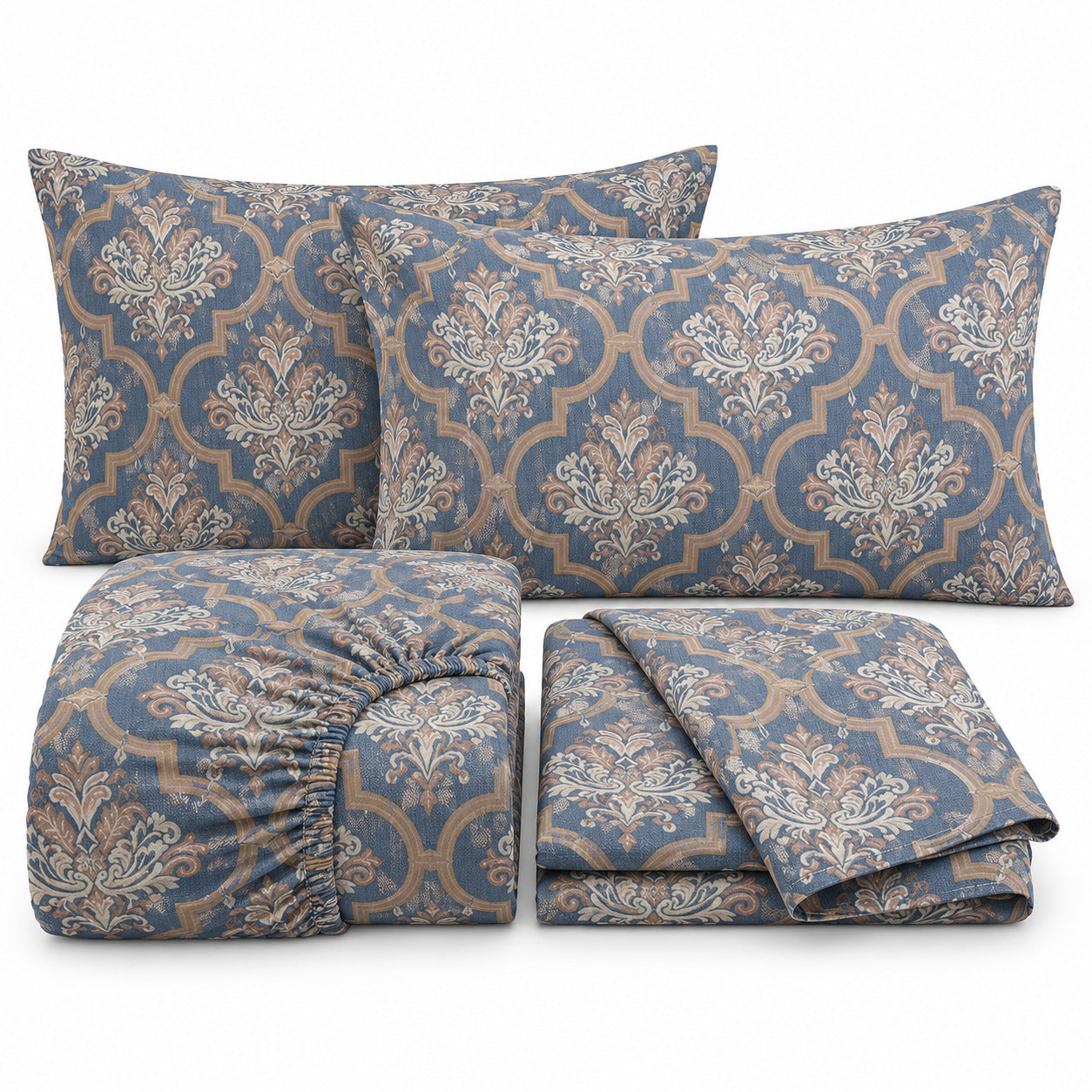 Aarniva 100% Cotton Ornamental Bedsheet Set | King | Soft & Breathable | Slate Blue Damask Medallion | 4-Piece Set