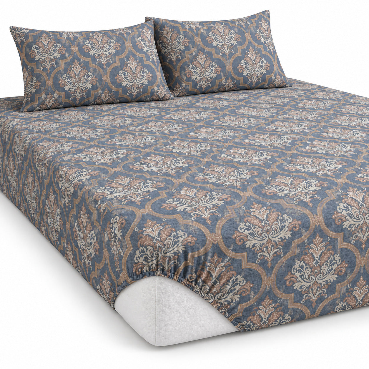 Aarniva 100% Cotton Ornamental Bedsheet Set | King | Soft & Breathable | Slate Blue Damask Medallion | 4-Piece Set