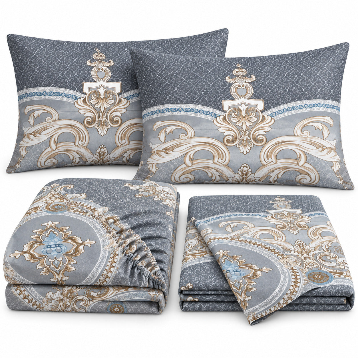 Aarniva 100% Cotton Ornamental Bedsheet Set | King | Soft & Breathable | Charcoal Silver Royal Medallion | 4-Piece Set
