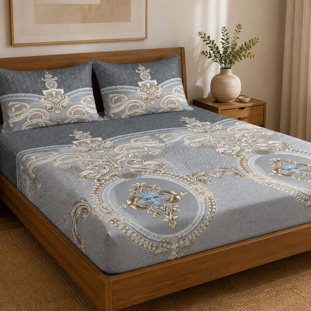 Aarniva 100% Cotton Ornamental Bedsheet Set | King | Soft & Breathable | Charcoal Silver Royal Medallion | 4-Piece Set