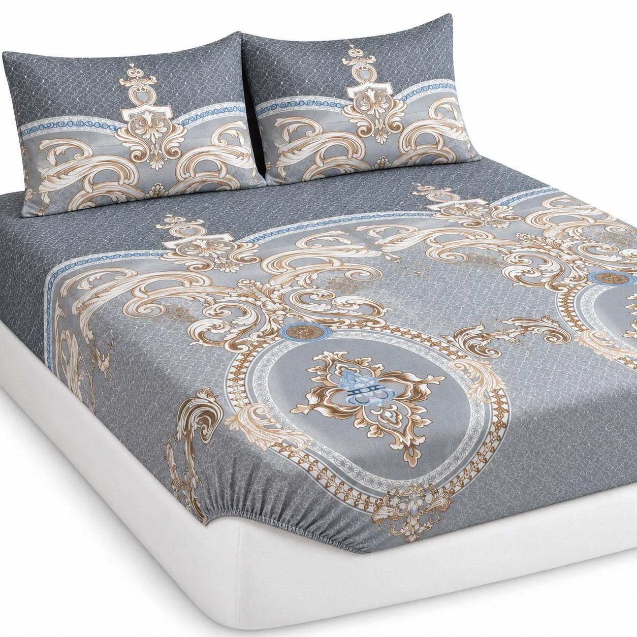 Aarniva 100% Cotton Ornamental Bedsheet Set | King | Soft & Breathable | Charcoal Silver Royal Medallion | 4-Piece Set