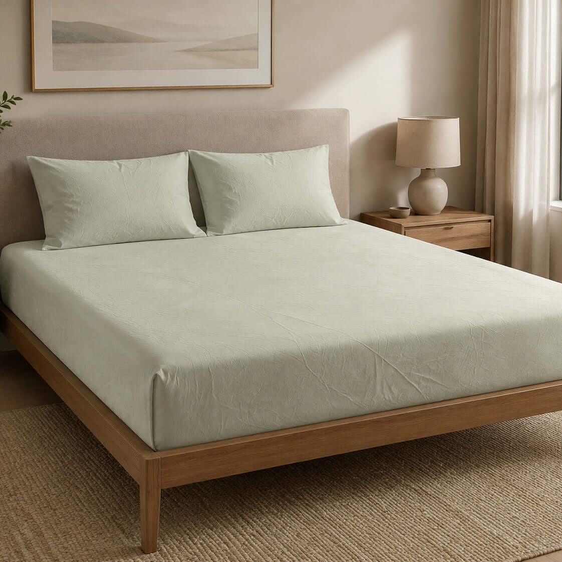 Aarniva 100% Cotton Solid Bedsheet Set | King/Queen | Soft & Breathable | Misty Sage | 6-Piece Set