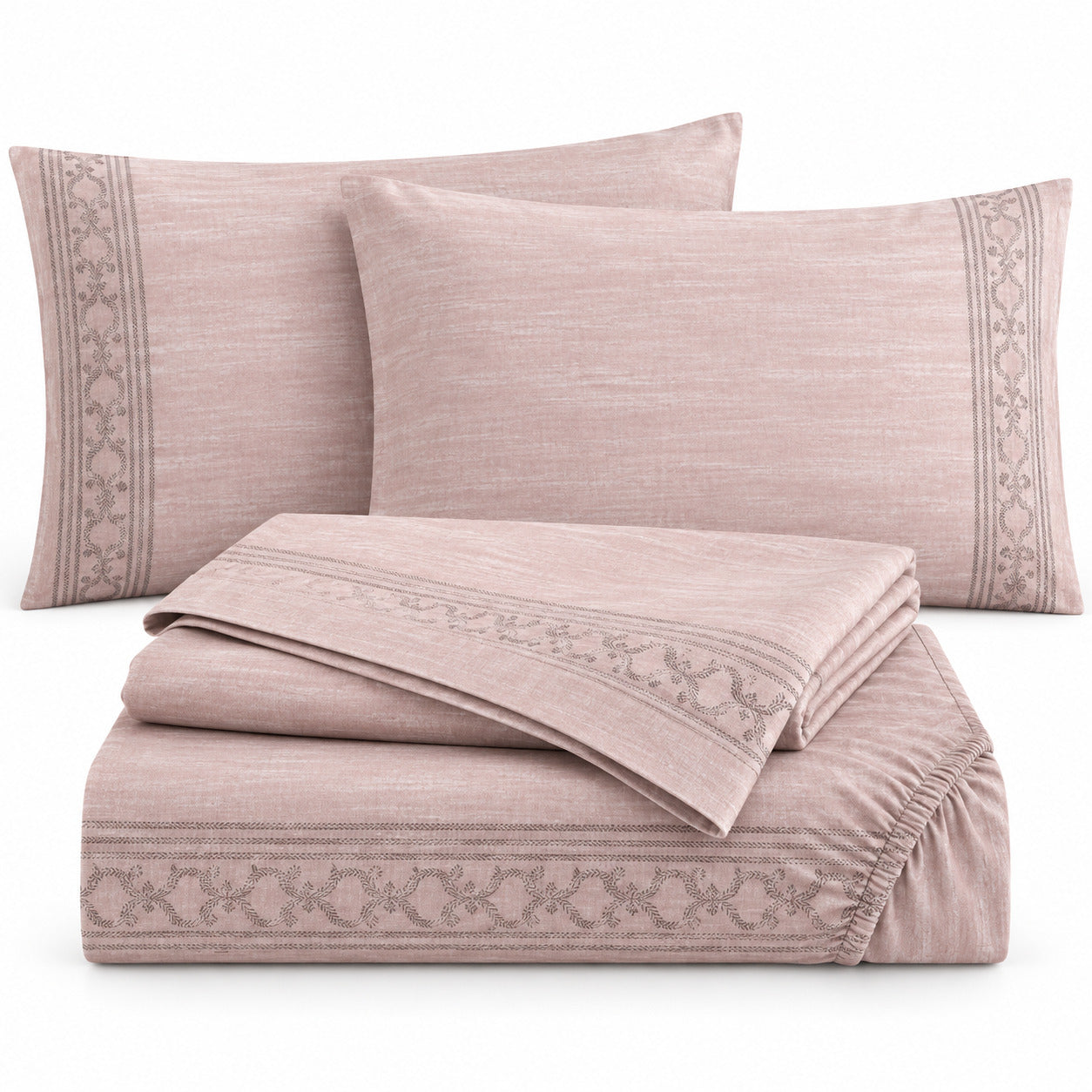 Aarniva 100% Cotton Border Bedsheet Set | King | Soft & Breathable | Blush Pink Ornamental Border | 4-Piece Set