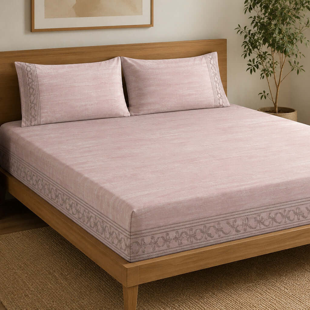 Aarniva 100% Cotton Border Bedsheet Set | King | Soft & Breathable | Blush Pink Ornamental Border | 4-Piece Set