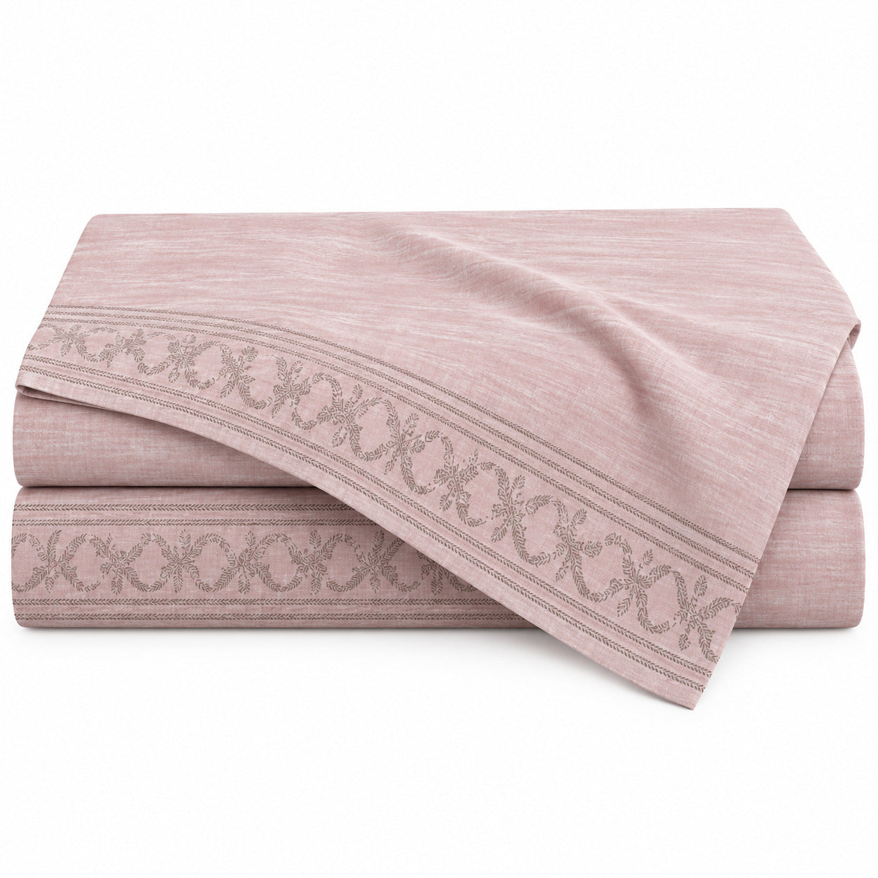 Aarniva 100% Cotton Border Bedsheet Set | King | Soft & Breathable | Blush Pink Ornamental Border | 4-Piece Set