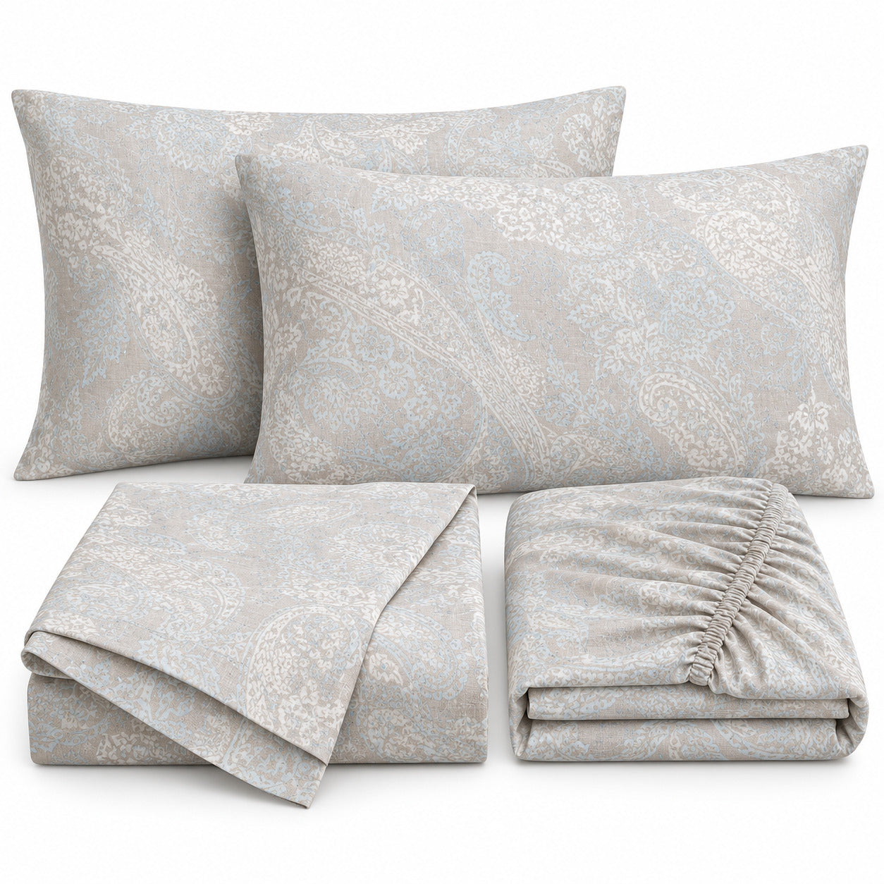 Aarniva 100% Cotton Paisley Bedsheet Set | King | Soft & Breathable | Ivory Blue Damask Paisley | 4-Piece Set