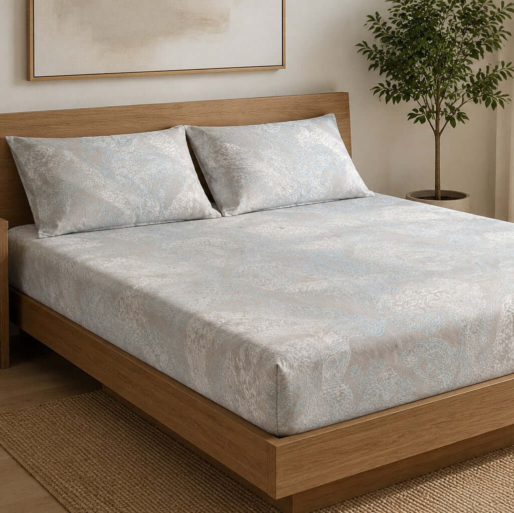 Aarniva 100% Cotton Paisley Bedsheet Set | King | Soft & Breathable | Ivory Blue Damask Paisley | 4-Piece Set
