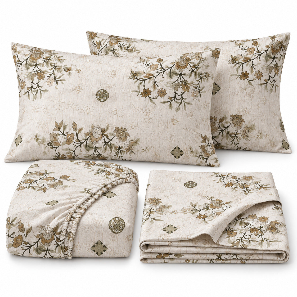 Aarniva 100% Cotton Floral Bedsheet Set | King | Soft & Breathable | Ivory Olive Botanical | 4-Piece Set