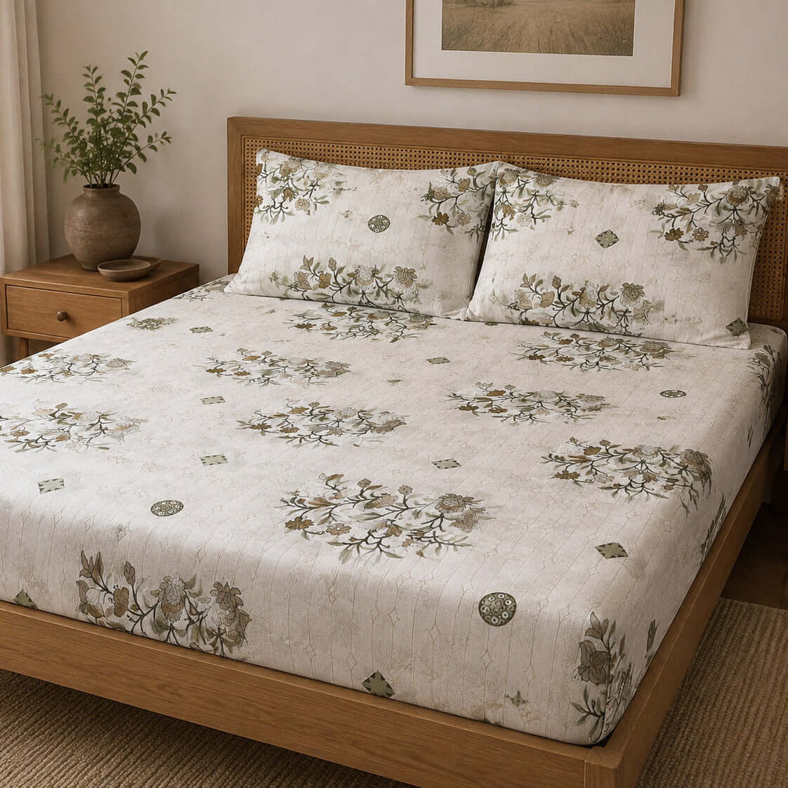 Aarniva 100% Cotton Floral Bedsheet Set | King | Soft & Breathable | Ivory Olive Botanical | 4-Piece Set