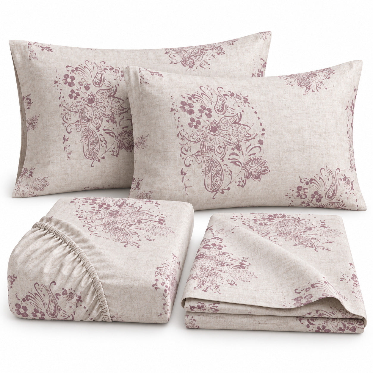 Aarniva 100% Cotton Paisley Bedsheet Set | King | Soft & Breathable | Ivory Mauve Paisley | 6-Piece Set